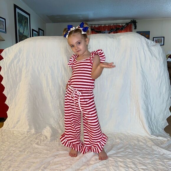 92. Girls Red/White Stripe drawstring Romper - Picture 2 of 4